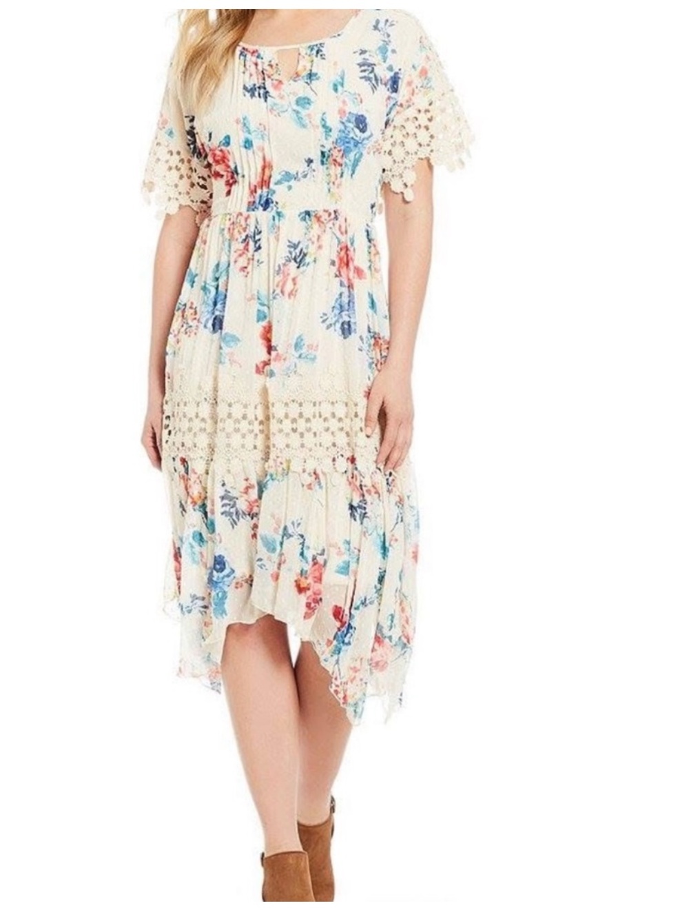 Reba Cream Midi Skirt with Blue and Pink Floral Print